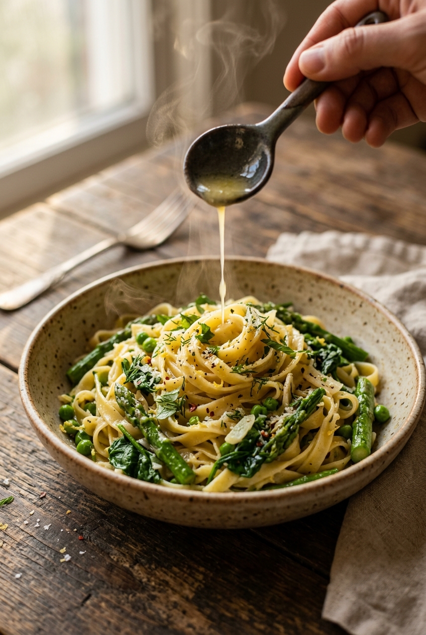 Close-up of silky lemon pasta sauce coating spaghetti strands with fresh herbs and garlic, showing the glossy, emulsified texture
