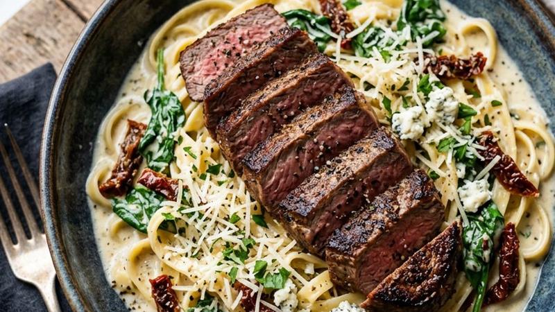Sliced seared steak over creamy fettuccine alfredo with crumbled Gorgonzola and balsamic glaze