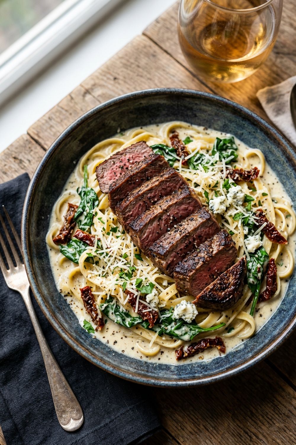 Sliced seared steak over creamy fettuccine alfredo with crumbled Gorgonzola and balsamic glaze