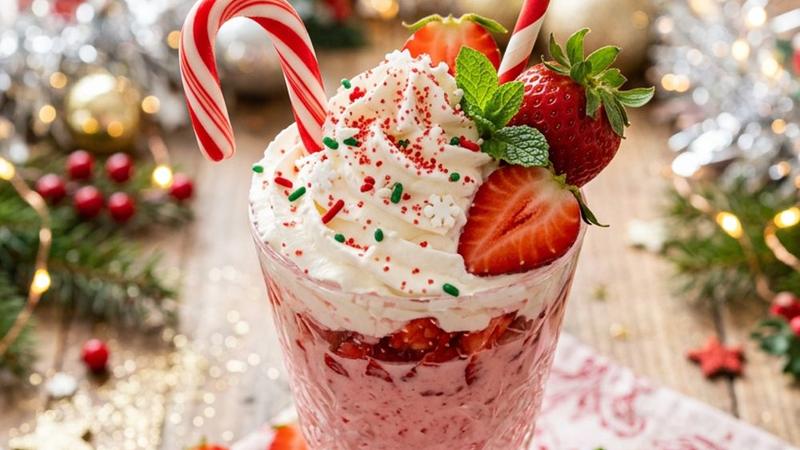 Festive strawberry Christmas drink in a glass with fresh strawberries, rosemary sprig, and cranberry garnish