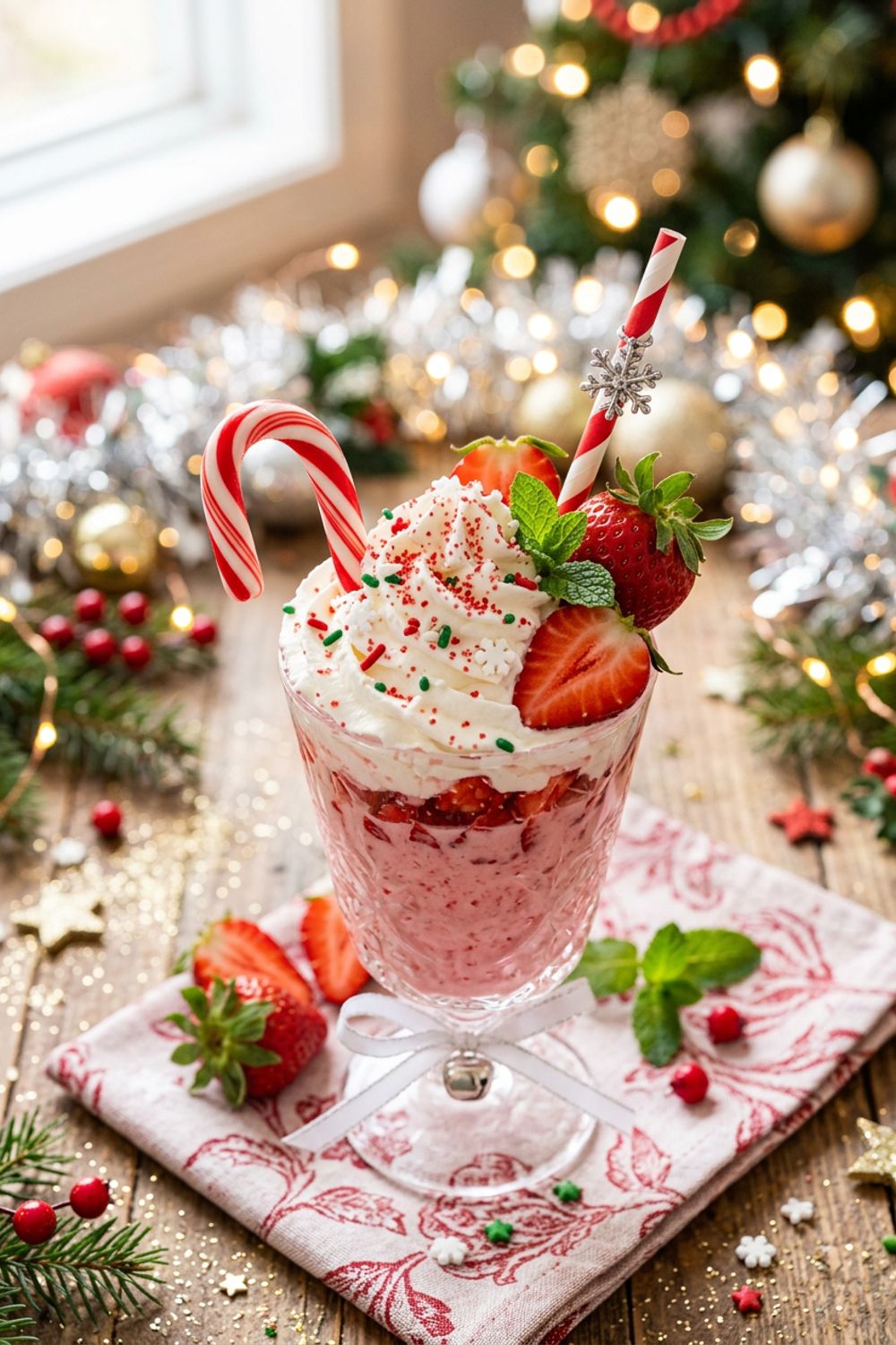 Festive strawberry Christmas drink in a glass with fresh strawberries, rosemary sprig, and cranberry garnish