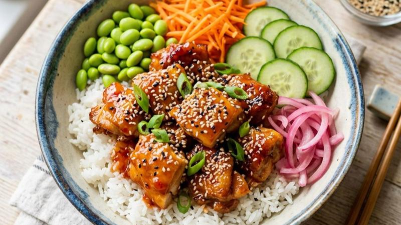 Sweet chili chicken rice bowl with crispy chicken thighs, pickled cucumbers, and sesame seeds