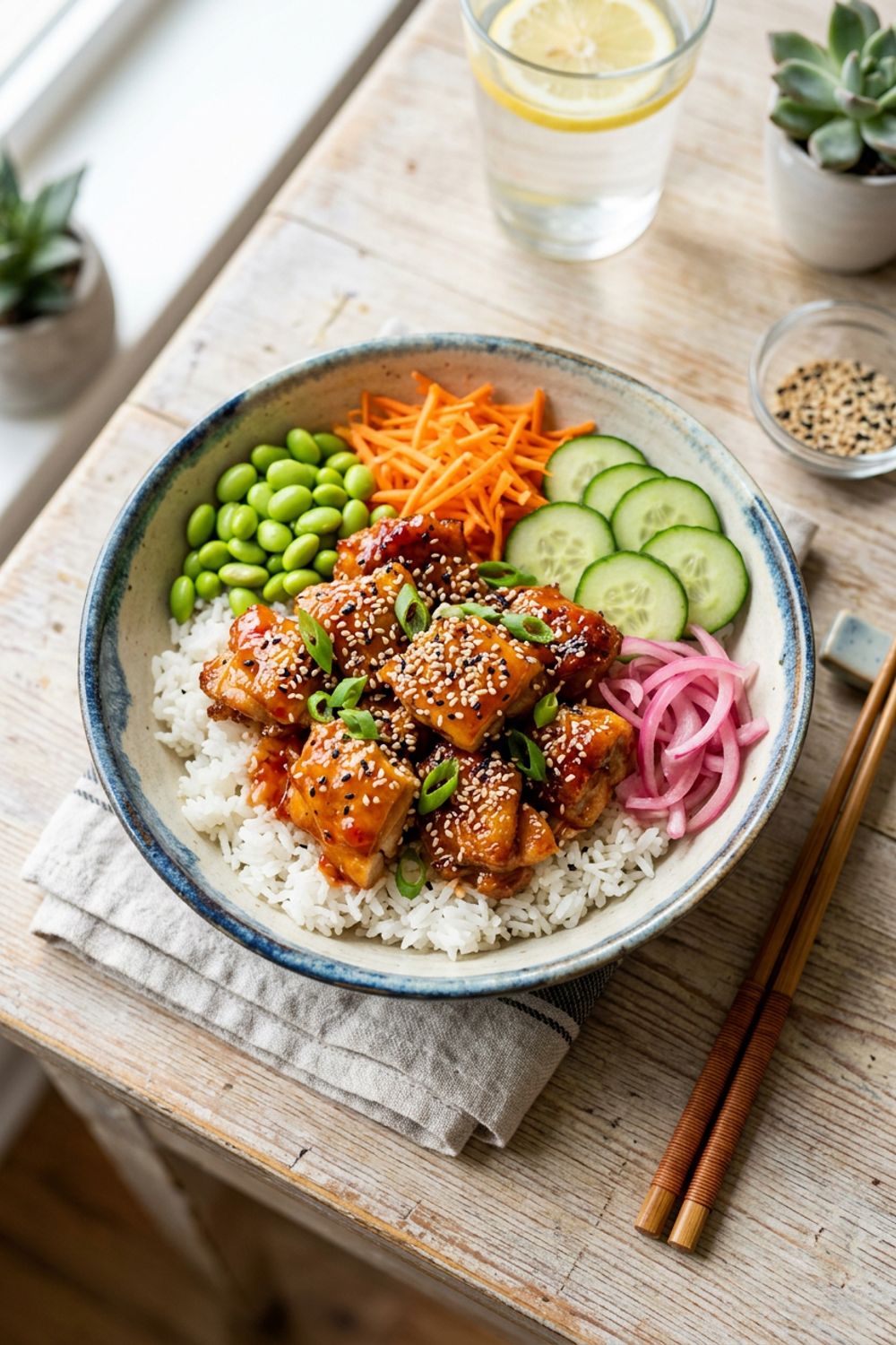 Sweet chili chicken rice bowl with crispy chicken thighs, pickled cucumbers, and sesame seeds