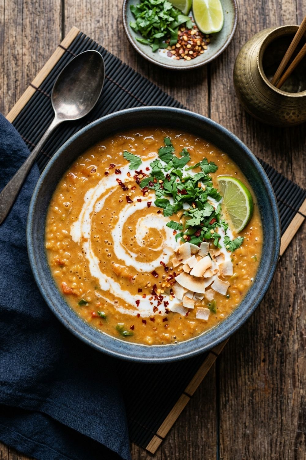 A bowl of creamy orange-red Thai coconut lentil soup garnished with coconut cream swirl, fresh cilantro, and red pepper flakes
