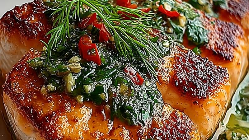 A perfectly seared salmon fillet with crispy golden skin topped with garlic butter sauce and fresh dill, served on a white plate with a warm, inviting ambiance