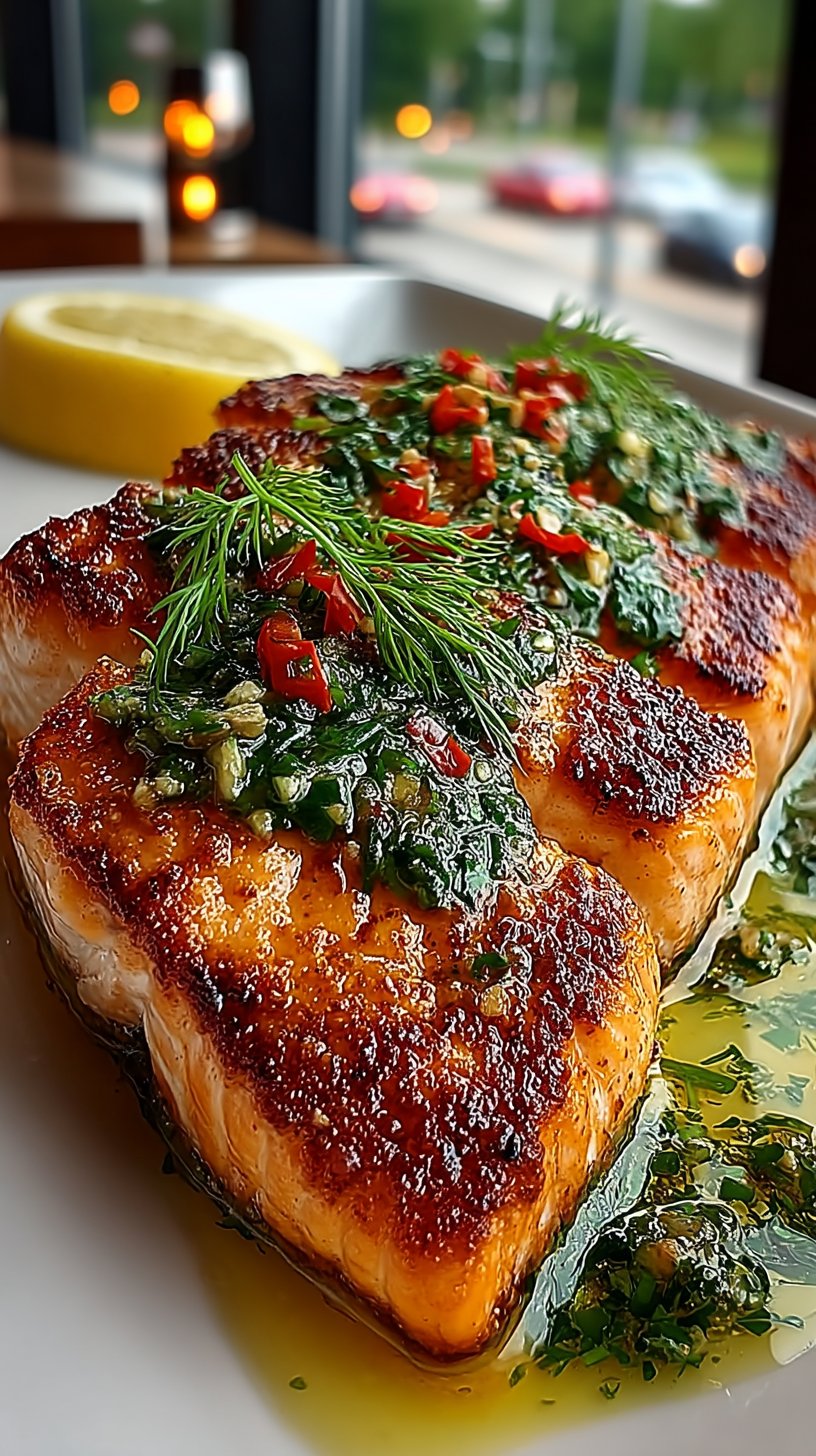 A perfectly seared salmon fillet with crispy golden skin topped with garlic butter sauce and fresh dill, served on a white plate with a warm, inviting ambiance