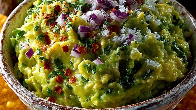 Fresh homemade guacamole in a white ceramic bowl with visible chunks of avocado, red onion, cilantro, and lime, served with crispy tortilla chips on the side