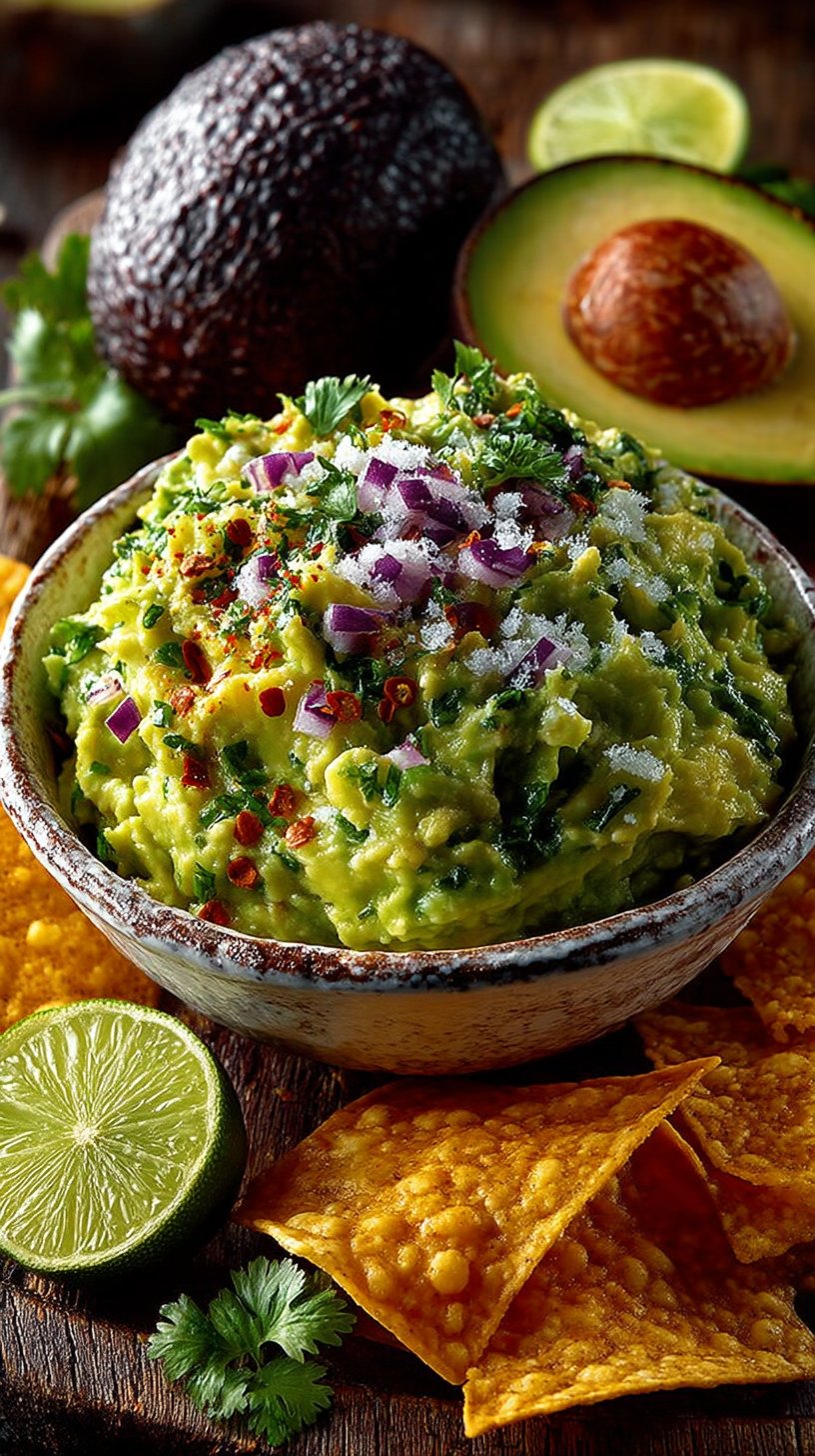 Fresh homemade guacamole in a white ceramic bowl with visible chunks of avocado, red onion, cilantro, and lime, served with crispy tortilla chips on the side
