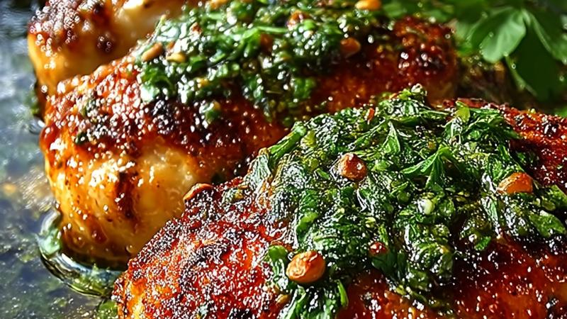 Golden, crispy-skinned chicken breast glistening with pan sauce, garnished with fresh green parsley and lemon wedge, served on a white plate with natural lighting