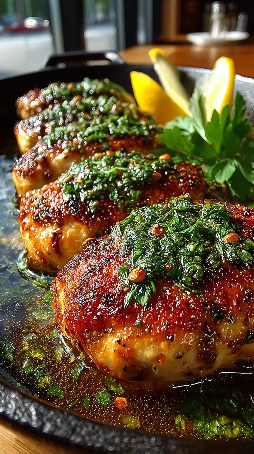 Golden, crispy-skinned chicken breast glistening with pan sauce, garnished with fresh green parsley and lemon wedge, served on a white plate with natural lighting