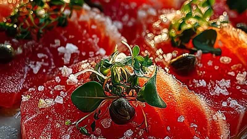 Beautifully plated tuna carpaccio with paper-thin slices of pink ahi tuna arranged on a white plate, garnished with fresh microgreens, capers, shaved Parmesan, and a drizzle of lemony olive oil dressing