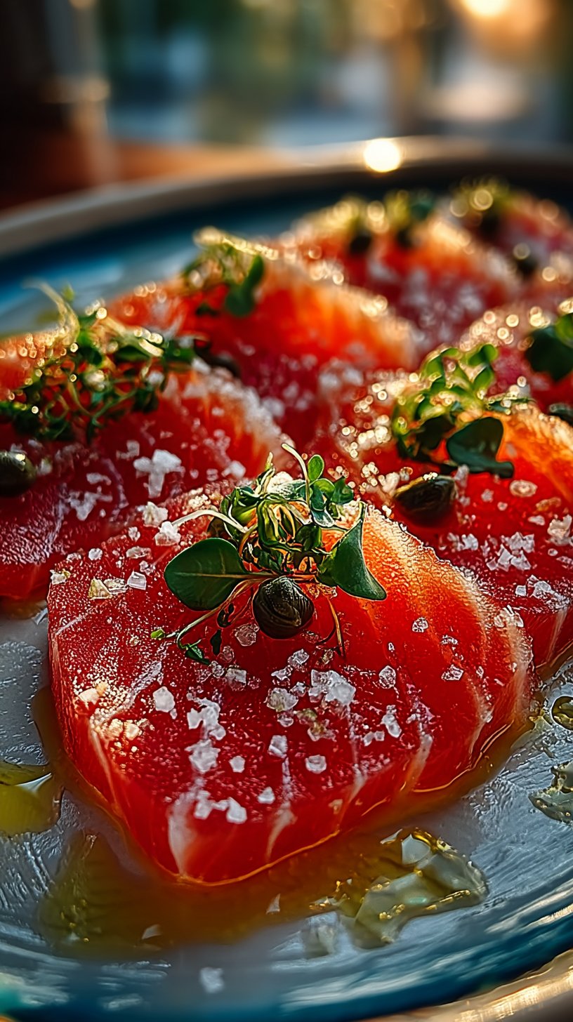 Beautifully plated tuna carpaccio with paper-thin slices of pink ahi tuna arranged on a white plate, garnished with fresh microgreens, capers, shaved Parmesan, and a drizzle of lemony olive oil dressing