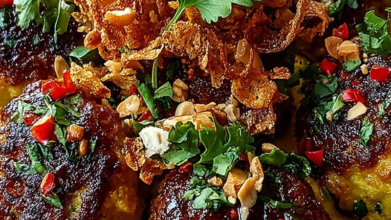 Golden yellow curry meatballs topped with crispy peanut shallot crispies and fresh cilantro, served on a white plate with lime wedges and sweet chili sauce