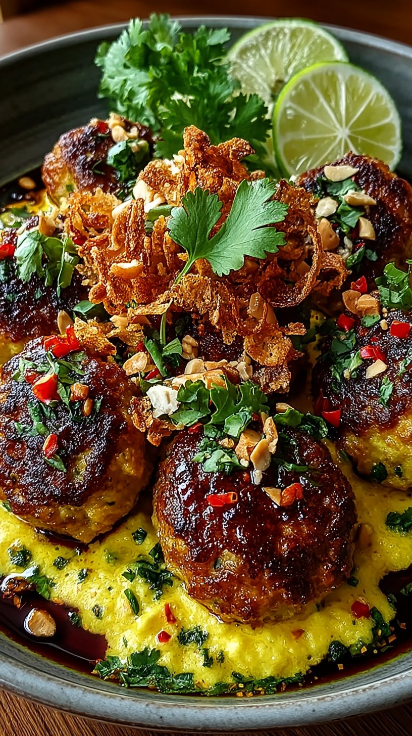 Golden yellow curry meatballs topped with crispy peanut shallot crispies and fresh cilantro, served on a white plate with lime wedges and sweet chili sauce