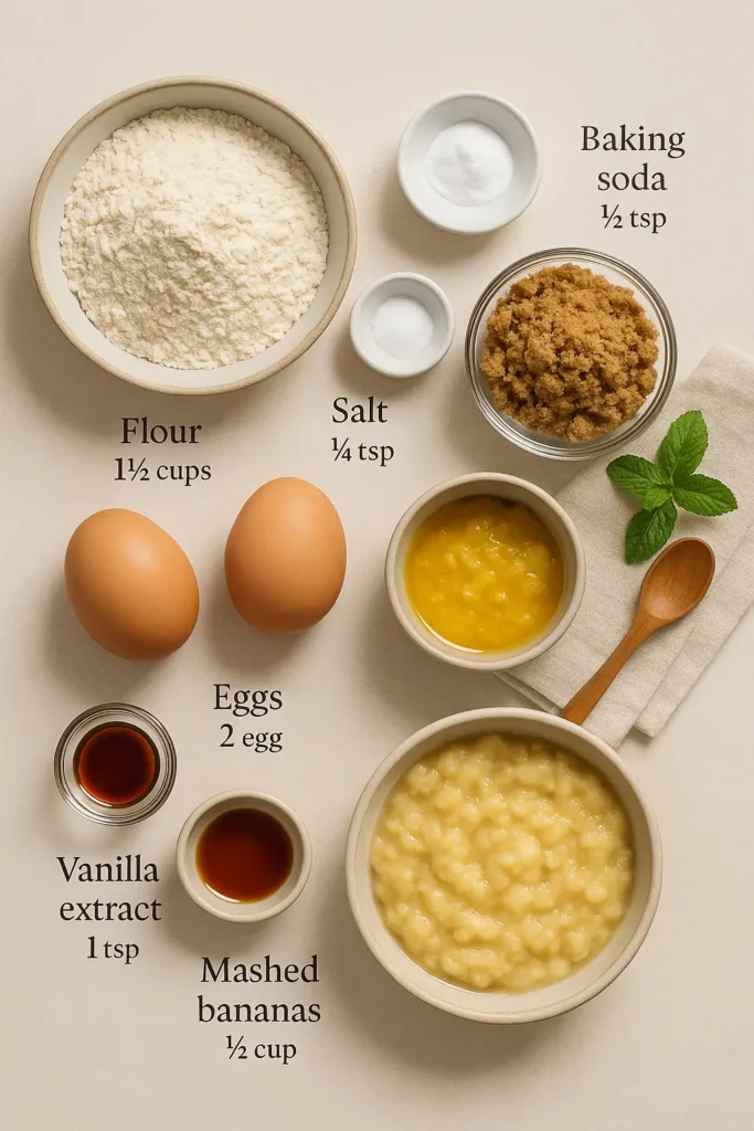 Overhead flat lay photo of banana bread ingredients on a neutral background, featuring flour, brown sugar, melted butter, eggs, vanilla extract, and mashed bananas, styled with soft natural light.