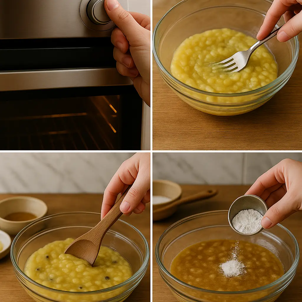 Detailed steps showing oven preheating, bananas being mashed, melted butter and sugar being stirred in, and flour being added for banana chocolate chip bars.