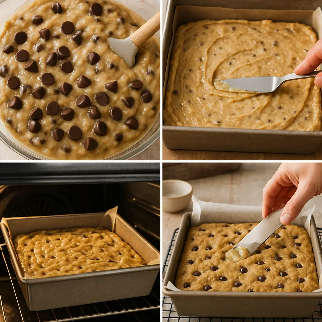 Steps showing chocolate chips being folded into batter, batter spread in a pan, baking process, and cooling finished banana chocolate chip bars.