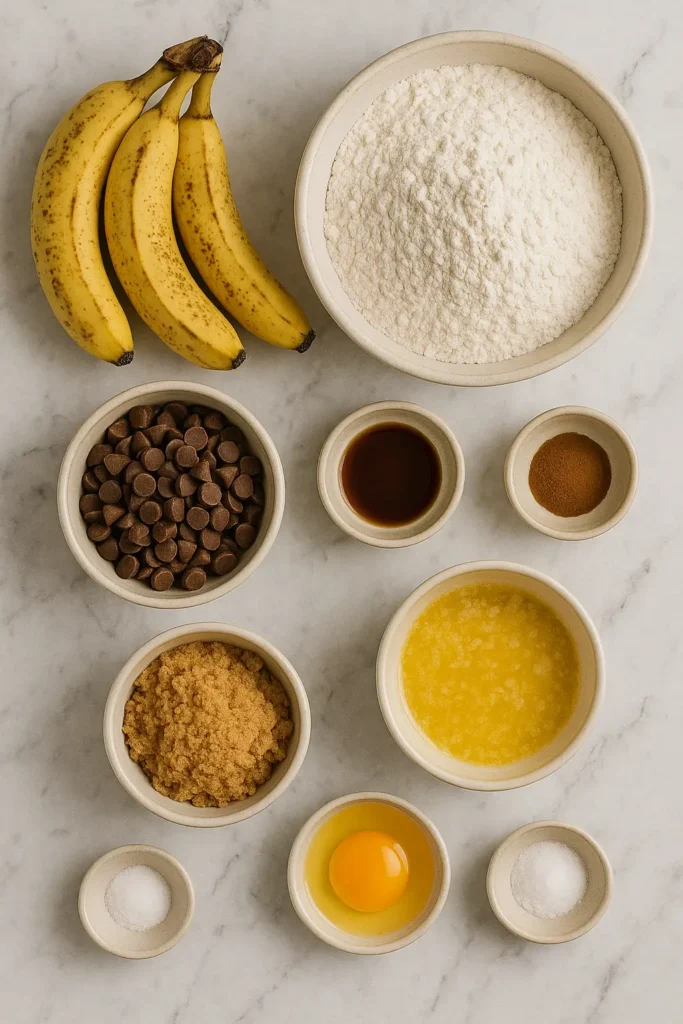 Flat lay of ingredients for banana chocolate chip bars on a kitchen counter.