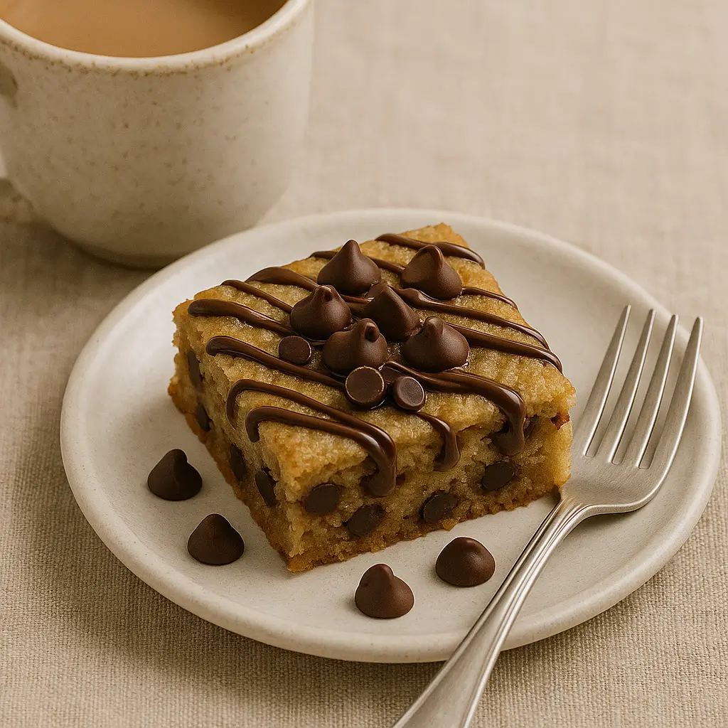 Banana chocolate chip bar on a dessert plate with melted chocolate drizzle.