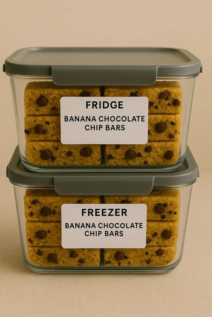 Banana chocolate chip bars stored in labeled containers for fridge and freezer.