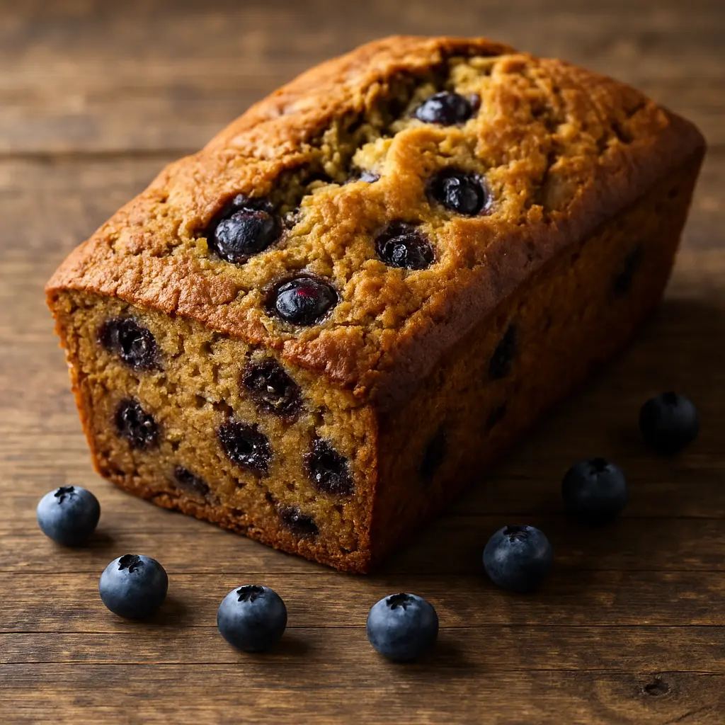 Freshly baked blueberry banana bread loaf on a rustic table.