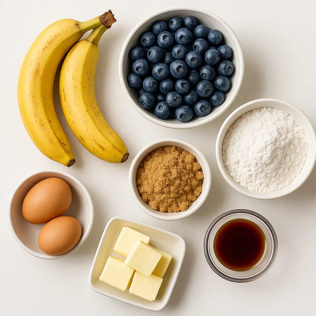 Ingredients for blueberry banana bread arranged on a white surface.
