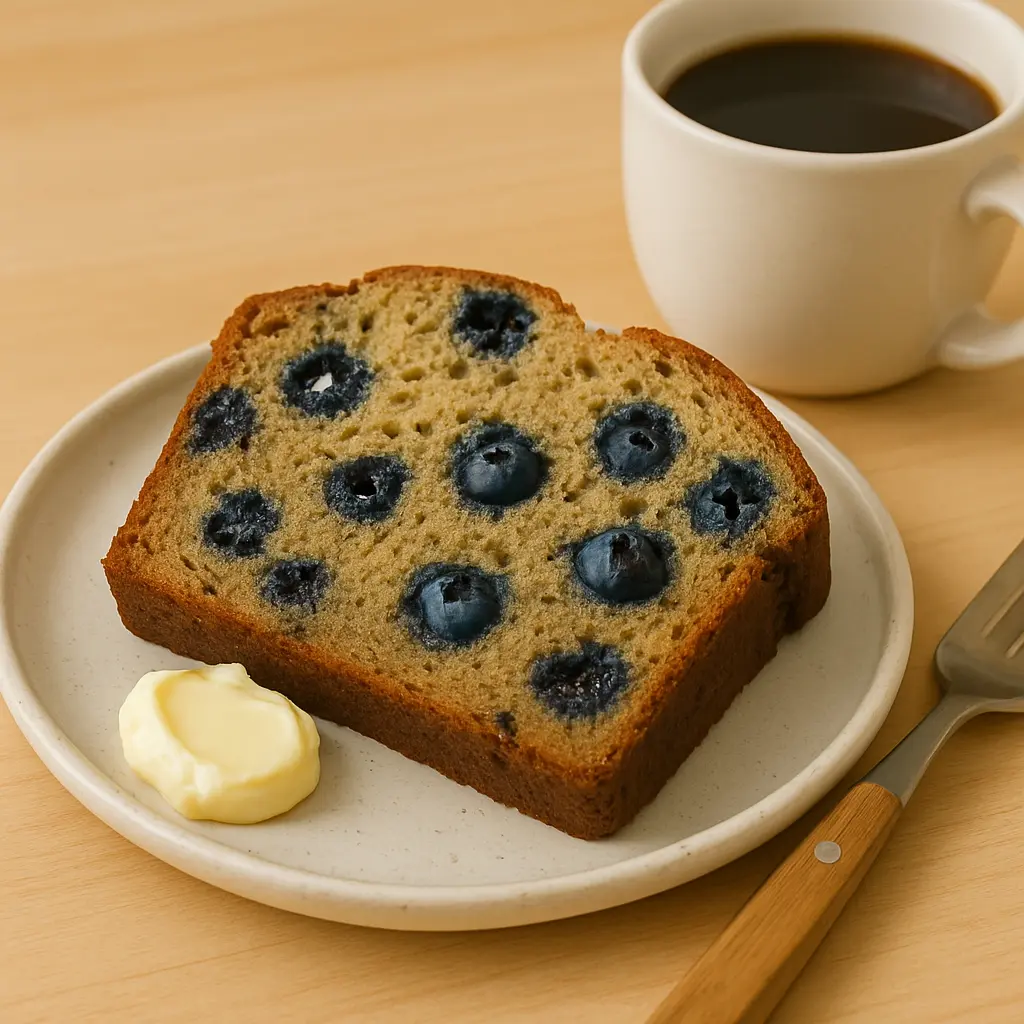 Sliced blueberry banana bread served with butter and coffee.