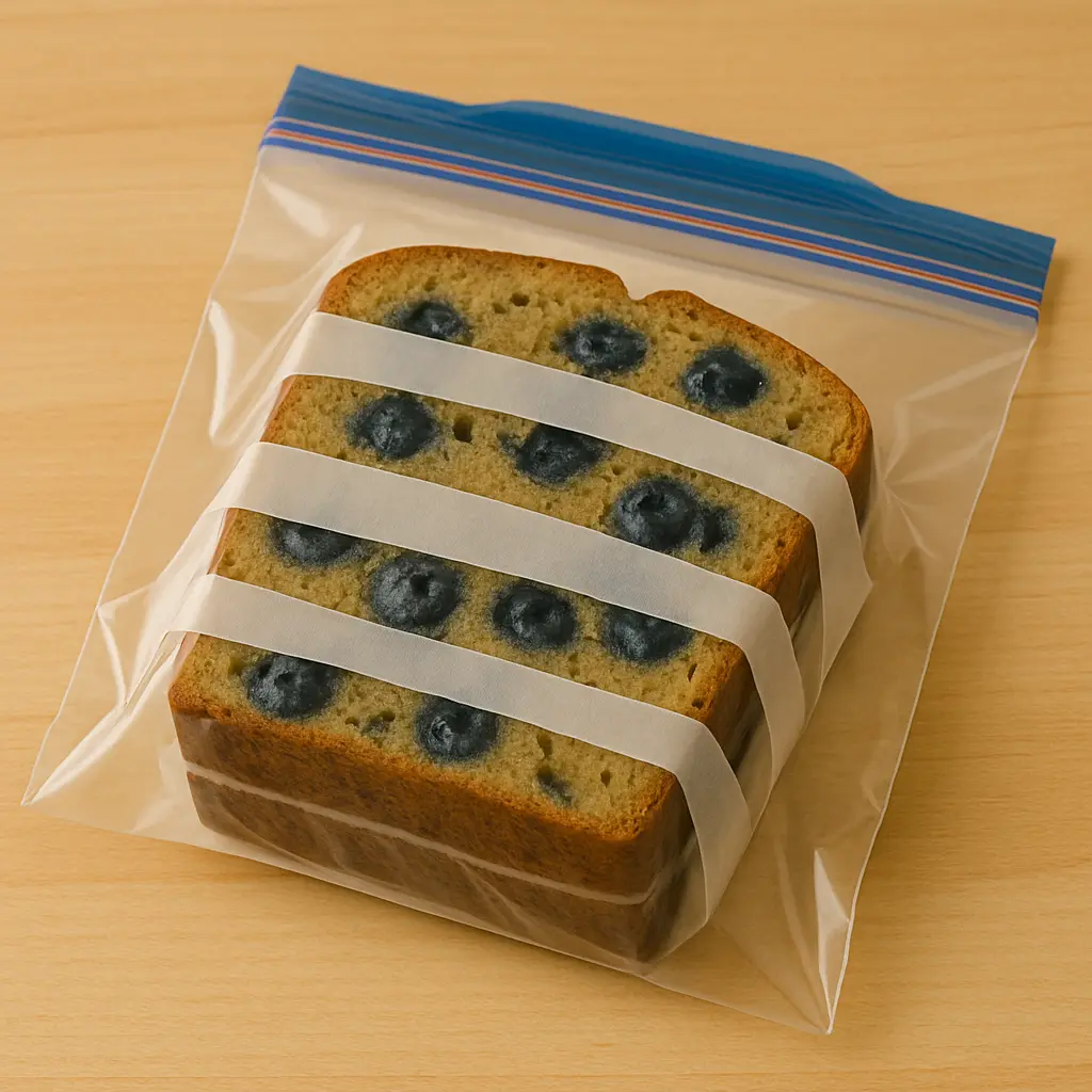 Blueberry banana bread slices stored for freezing.