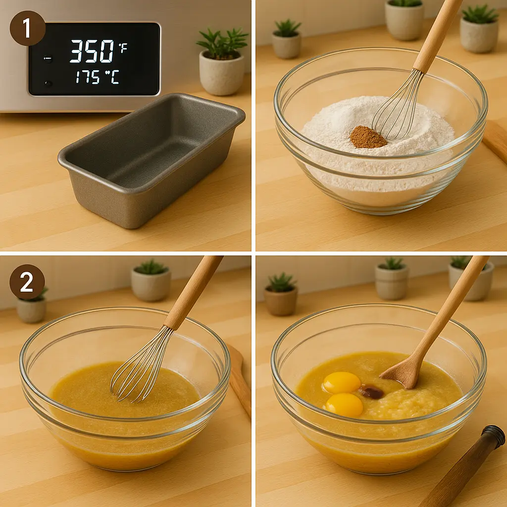 4-panel collage showing steps 1–4 of blueberry banana bread