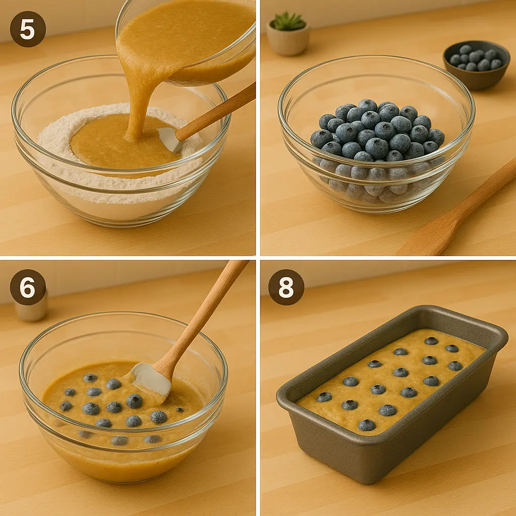 4-panel collage showing steps 5–8 of blueberry banana bread
