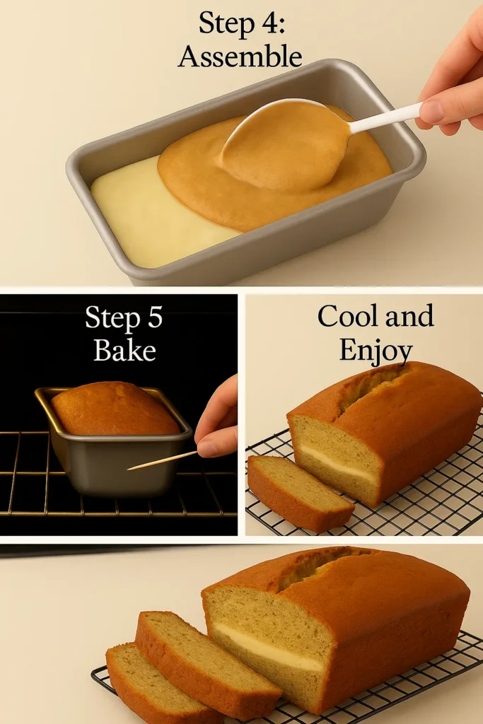 Step-by-step collage showing the process of assembling, baking, and cooling cheesecake banana bread, featuring a loaf pan with batter, a toothpick test in the oven, and sliced bread on a wire rack.