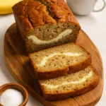 A perfectly sliced loaf of cheesecake banana bread on a rustic wooden board, showing creamy cheesecake swirls inside, with ripe bananas and a cup of coffee nearby.