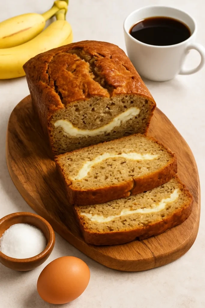 A perfectly sliced loaf of cheesecake banana bread on a rustic wooden board, showing creamy cheesecake swirls inside, with ripe bananas and a cup of coffee nearby.