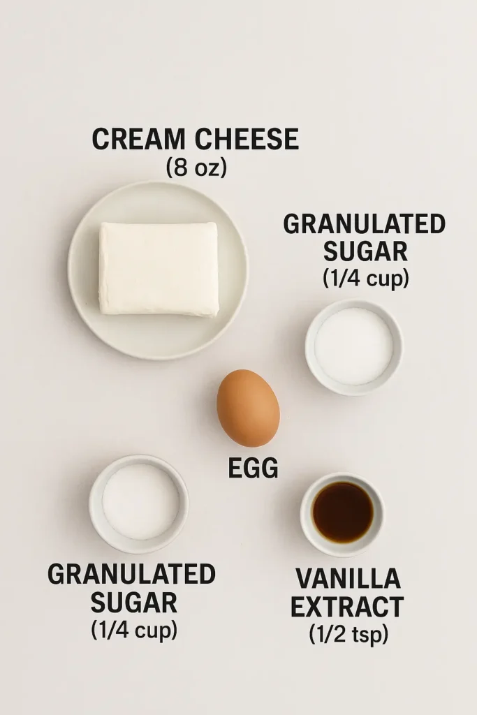 Overhead view of cheesecake banana bread ingredients, including flour, mashed bananas, brown sugar, melted butter, eggs, vanilla extract, baking soda, salt, and cream cheese, neatly arranged on a neutral background.
