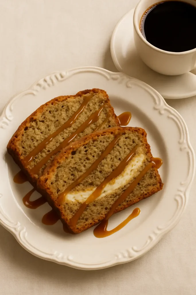 Slices of cheesecake banana bread served with caramel drizzle.