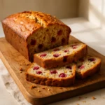 Cranberry orange banana bread sliced on a wooden board.