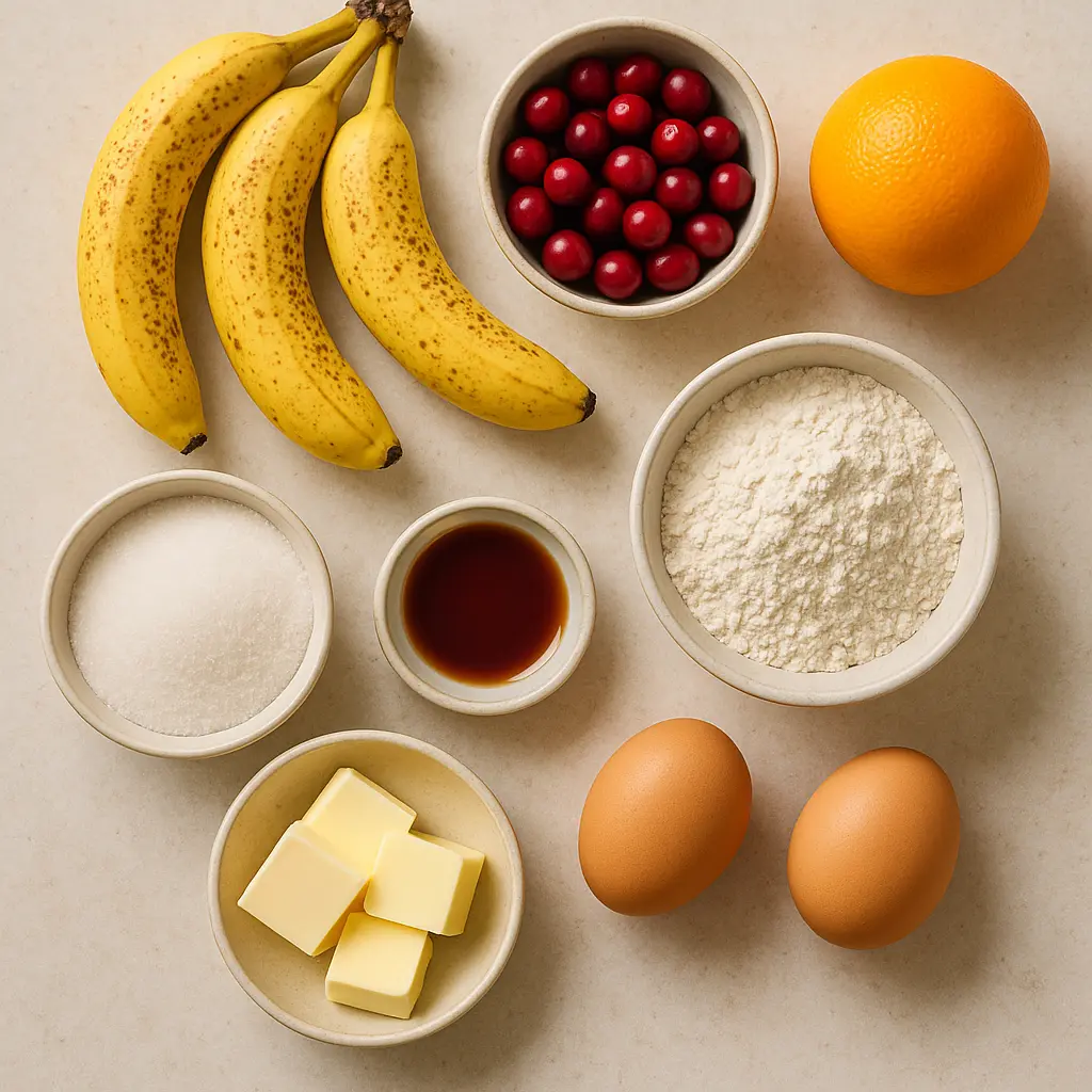 Ingredients for cranberry orange banana bread arranged neatly.
