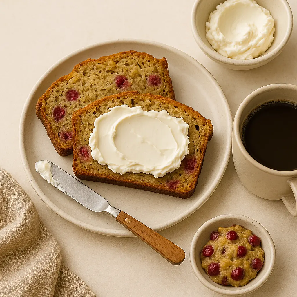 Cranberry orange banana bread served with cream cheese.
