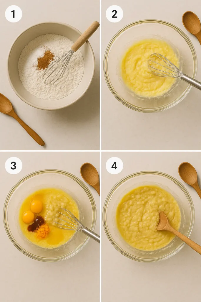 Mixing dry and wet ingredients for cranberry orange banana bread in separate bowls.