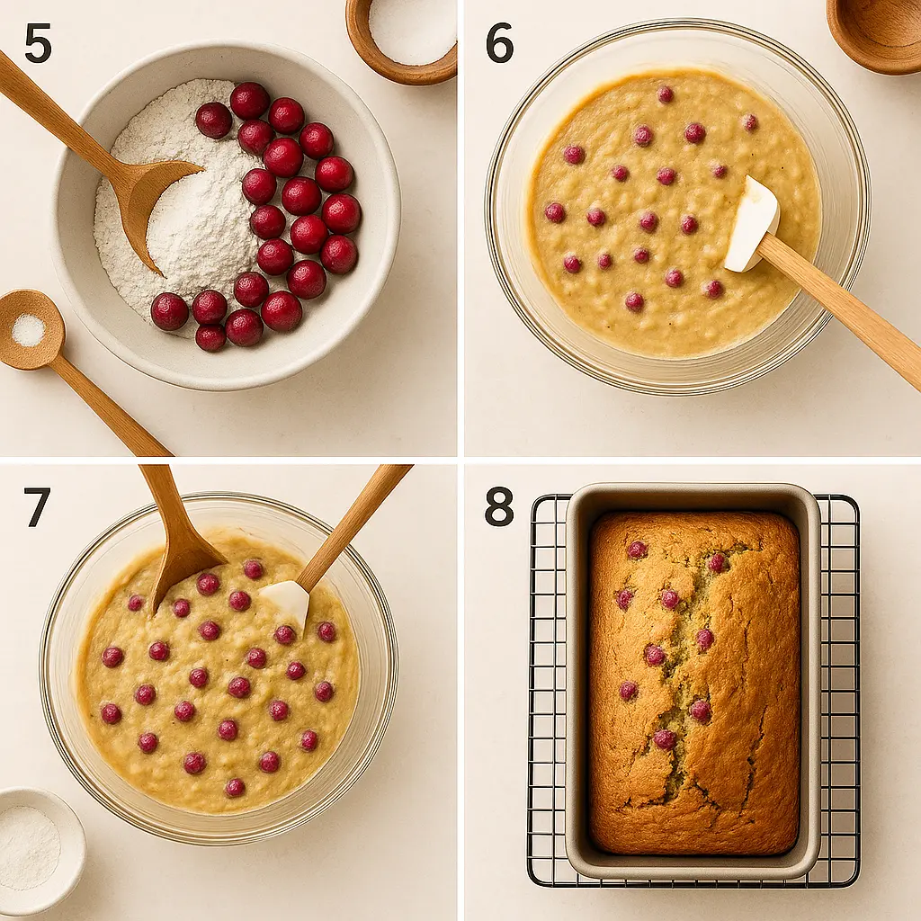 Folding cranberries into batter and baking cranberry orange banana bread until golden brown.
