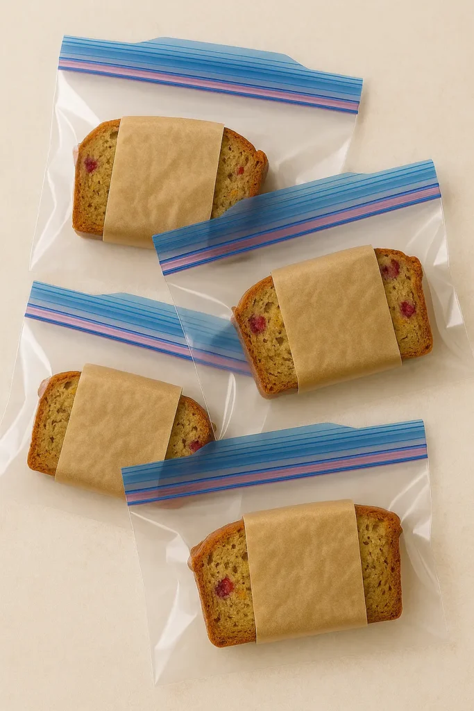 Cranberry orange banana bread slices ready for freezing.