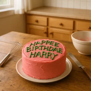 Homemade Harry Potter birthday cake with pink frosting and green icing.