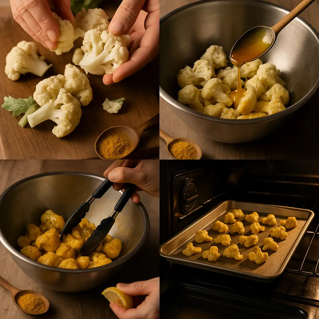 Golden honey curry roasted cauliflower in serving bowl with cilantro garnish