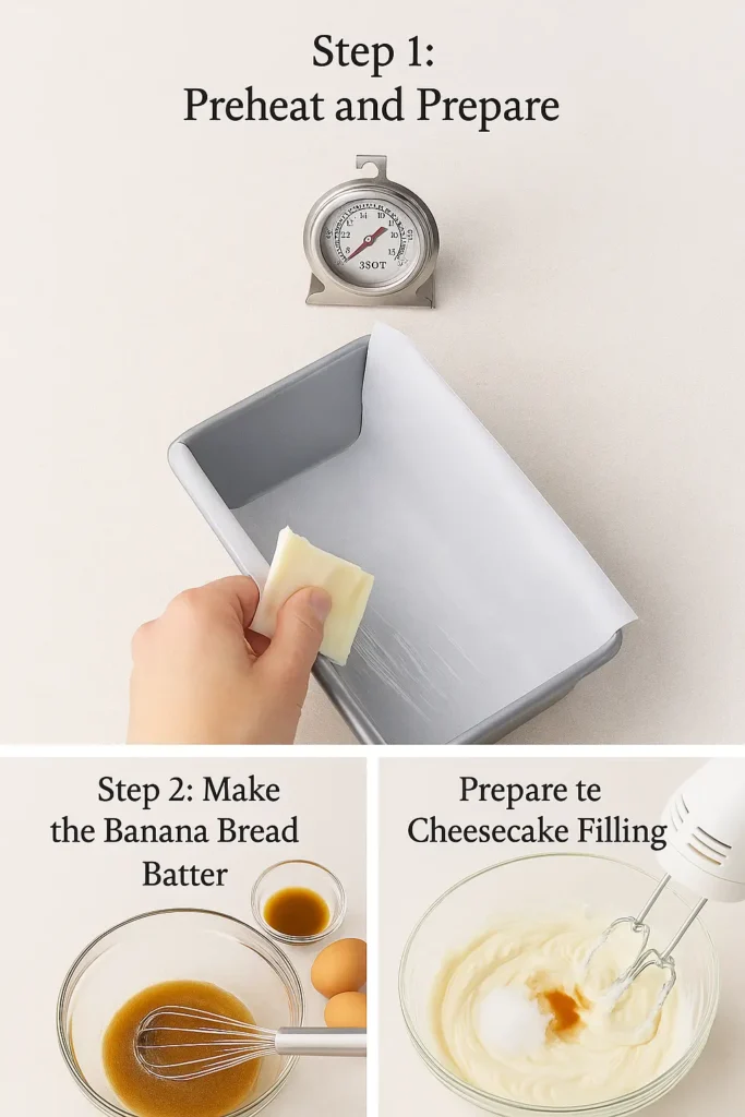 Step-by-step photos showing how to make cheesecake banana bread, from assembling the batter layers to baking in the oven and cooling the finished loaf.
