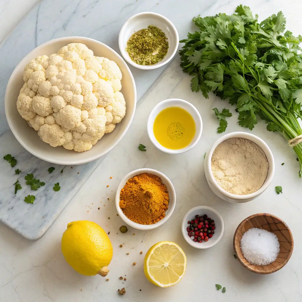 Flat lay Ingredients for Honey Curry Roasted Cauliflower