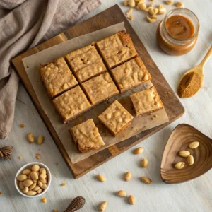 Homemade easy peanut butter cookie bars on wooden board with peanut drizzle
