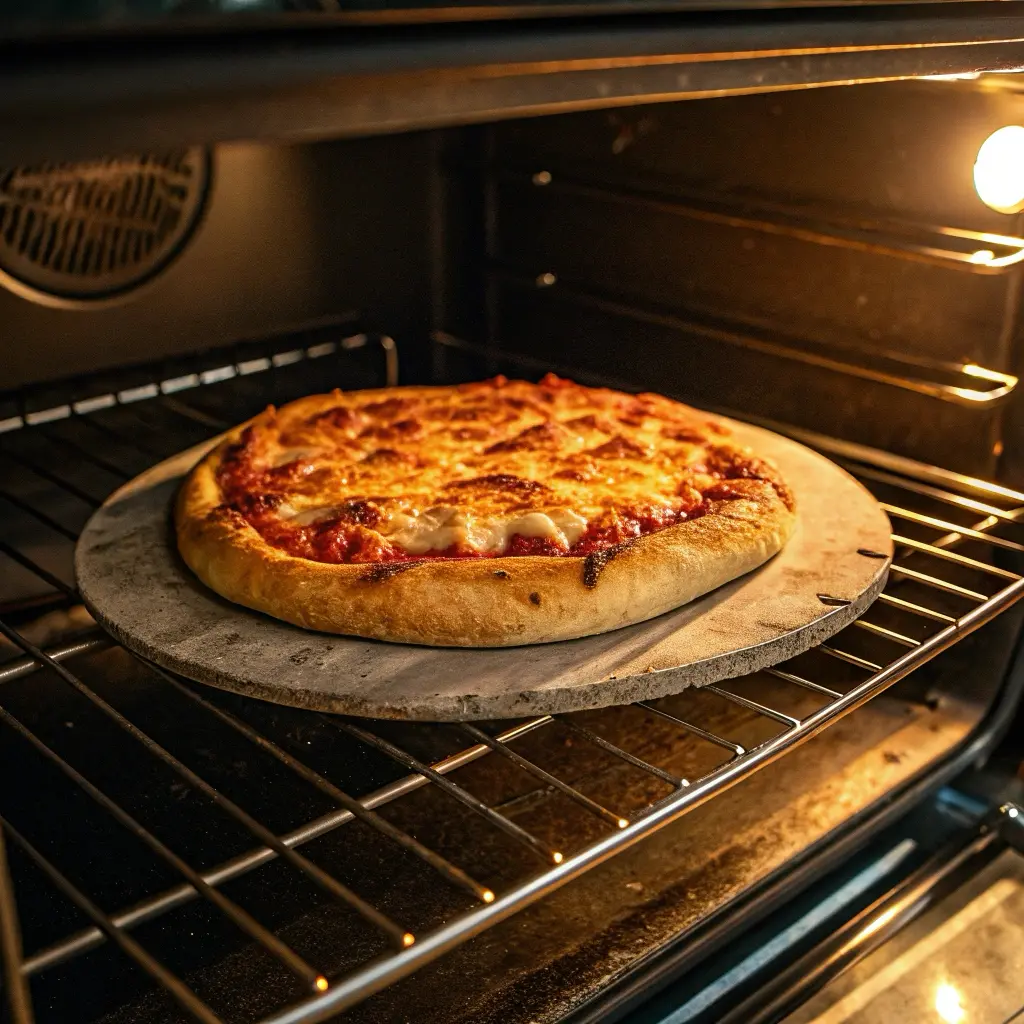 Chicken crust pizza baking in the oven until golden and crispy