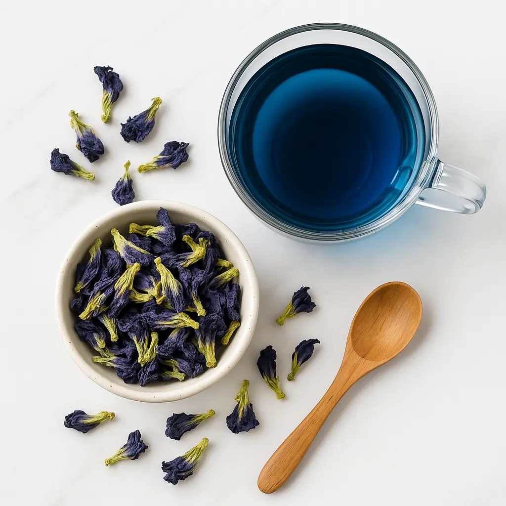 Dried butterfly pea flowers with a cup of blue tea for Brazilian Mounjaro recipe