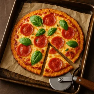 Canned chicken pizza crust recipe topped with cheese and pepperoni
