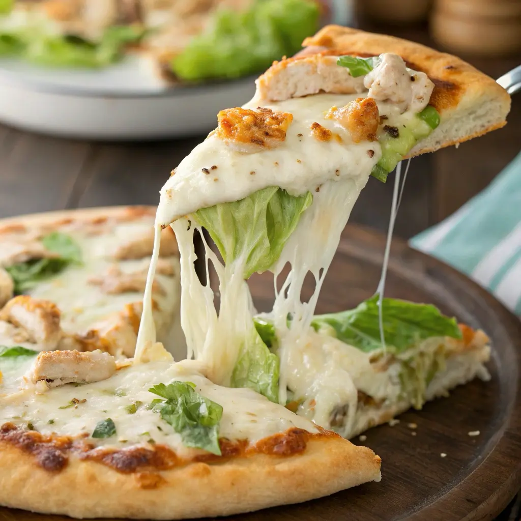 A cheesy slice of chicken caesar pizza with metling cheese